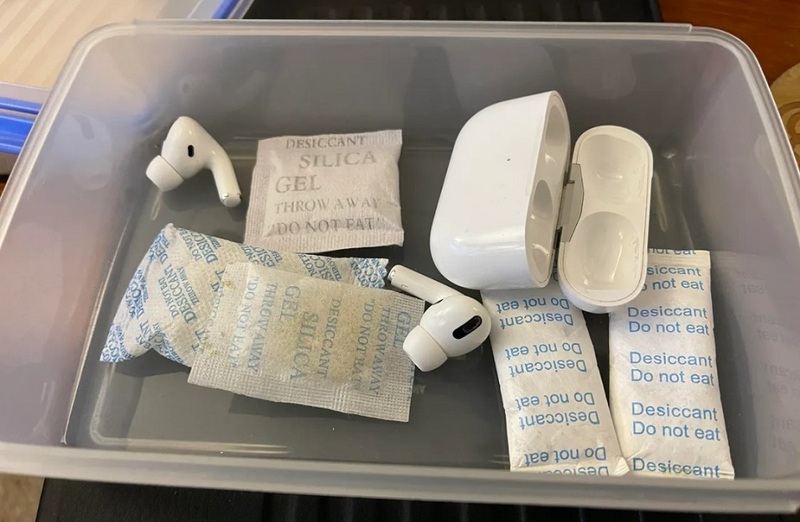 Dry the AirPods with desiccant-silica gel packets