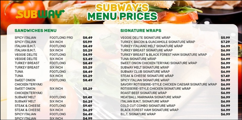 Subway meals topping lists menu