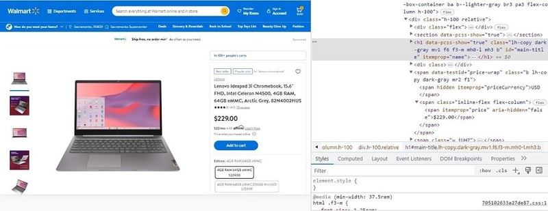 Inspect the Walmart product page